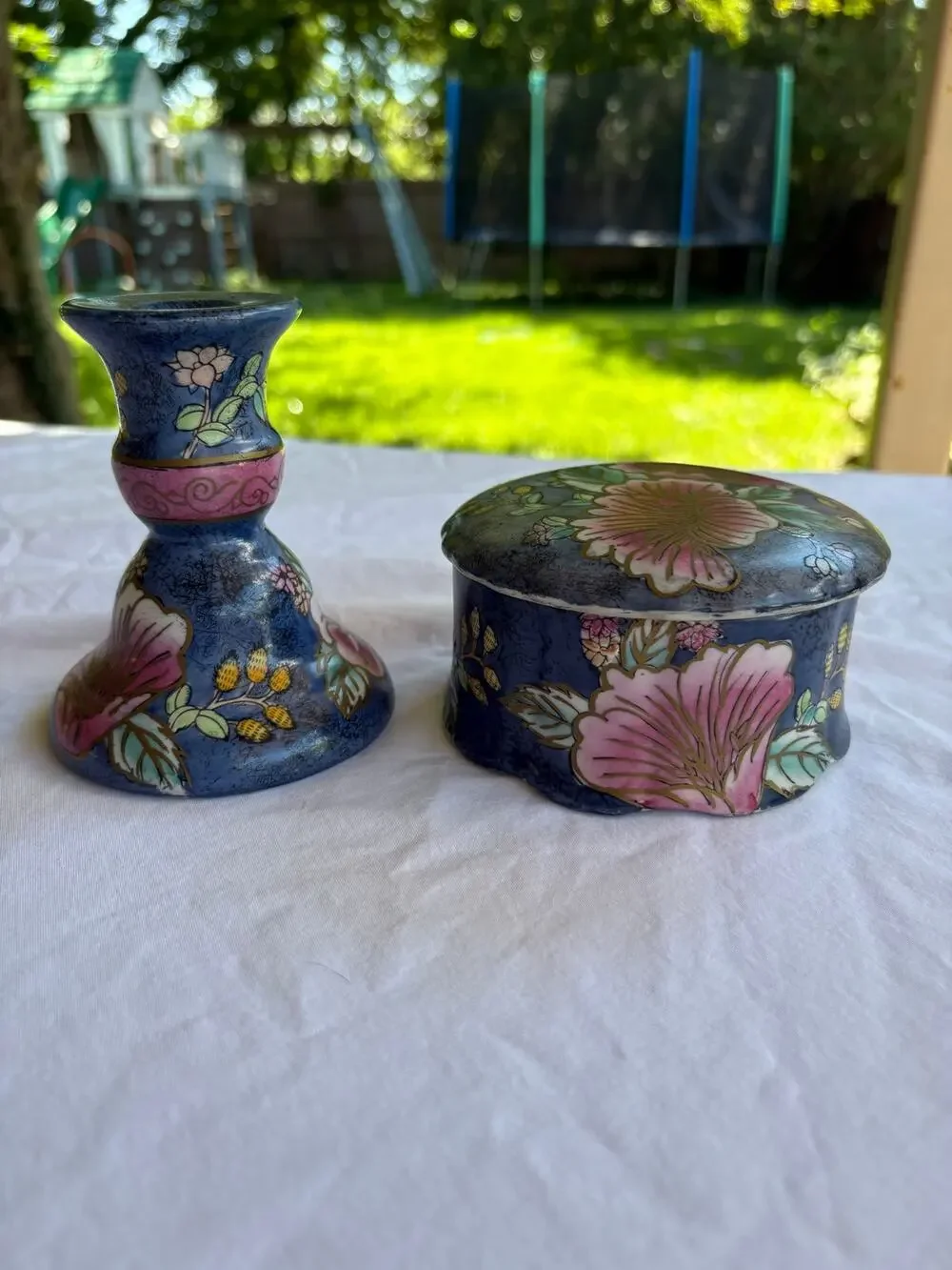 Ceramic Painted Floral Trinket Dish & Matching Candlestick Holder Set